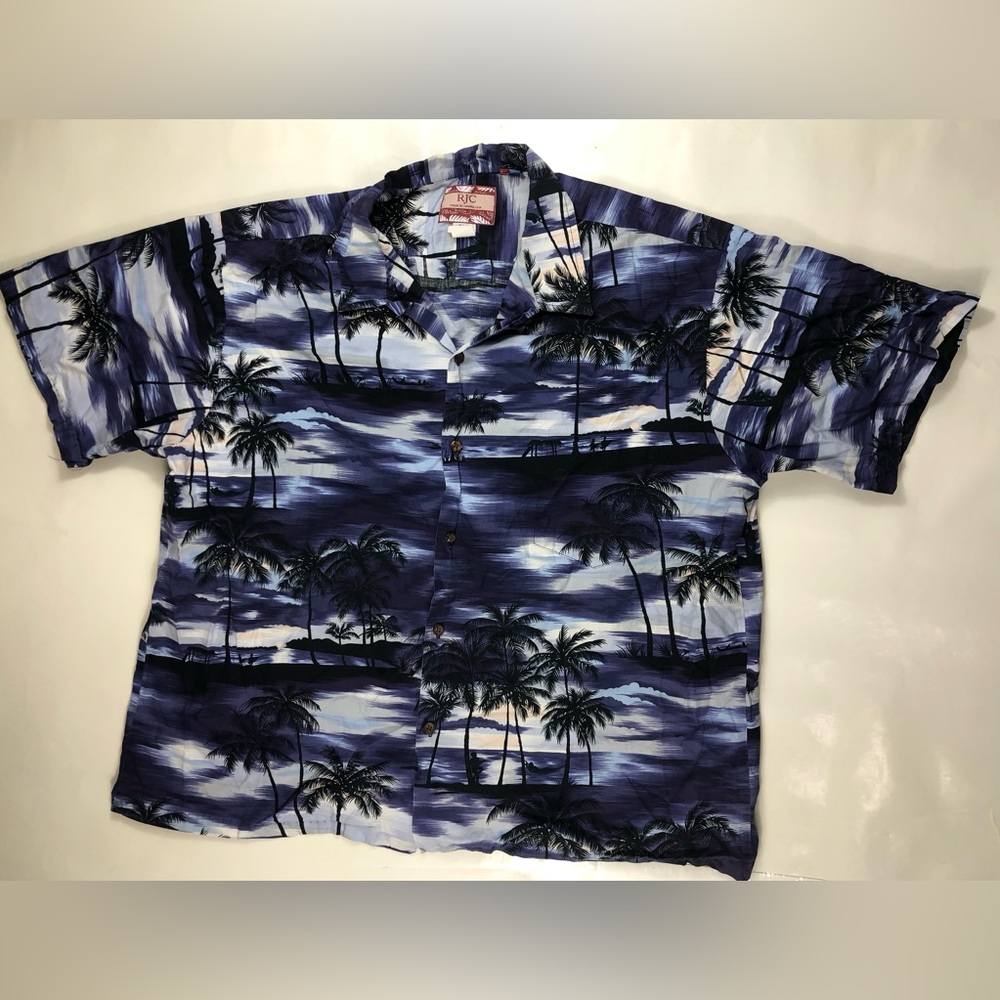 RJC Vintage Cotton Hawaiian Palm Tree Ocean 1 Pocket Button Short Sleeve Size3XL